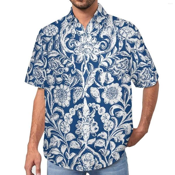 Camisas casuais masculinas Blusas florais antigas Masculino Azul e branco Verão Design de manga curta Estético Camisa de praia tamanho grande presente