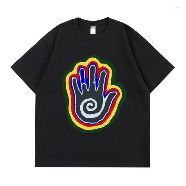 Camisetas masculinas Trend Hand Print Graffiti Manga Curta Solta Casual Unissex T-shirt Estilo de Verão