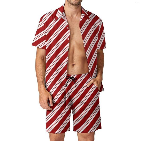 Fatos de treino masculinos Red Line Conjuntos masculinos de Natal Candy Cane Stripes Conjunto de camisas casuais vintage de manga curta Shorts estampados Terno de férias de verão