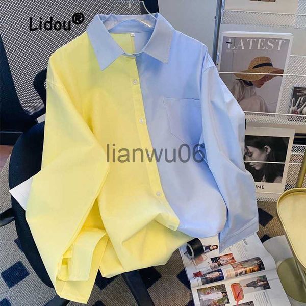 Camicette da donna Camicie Primavera e Autunno 2023 Nuovo colletto giallo Camicia blu Salt Girl Manica lunga Moda Colletto POLO Allentato Coreano Casual Stile college J230802