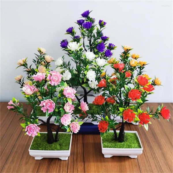 Dekorative Blumen Künstliche Pflanze Bonsai Simulation Blume Rose Gefälschter Kunststoff Topf Indoor Home Desktop Dekoration Glücksbaum