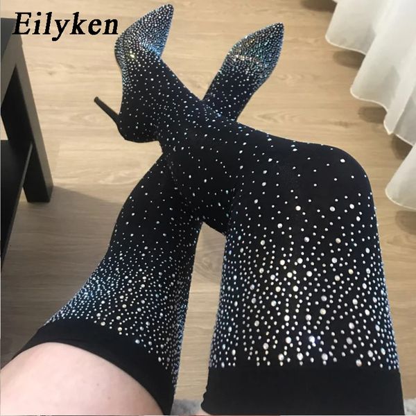 Stivali Eilyken Design Crystal Stretch Fabric Sexy Tacchi alti Calzino sopra il ginocchio Punta a punta Pole Dancing Women Shoes 230801