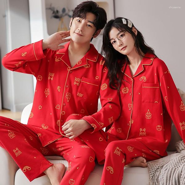 Erkekler 2023 Sonbahar Çift Pamuk Pijamaları Setler Kadınlar İçin Karikatür Baskı Erkekler Nightwear Bahar Gündelik Homewear Uyku Salonu