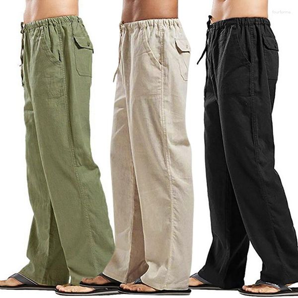 Calças masculinas de linho de algodão para homens respirável cor sólida perna larga carga plus size streetwear masculino solto casa