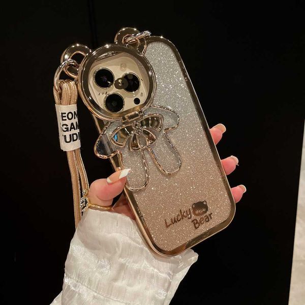 Casos de telefone celular bonito glitter urso crossbody case para iphone 14 13 12 11 pro max x xr xs 7 8 plus cordão suporte gradiente suporte colar capa l230731