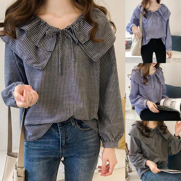 Magliette da donna Moda Donna Casual O-Collo a righe da donna Manica lunga Ruffles Top larghi Tuniche taglie forti Camicette da donna alte basse