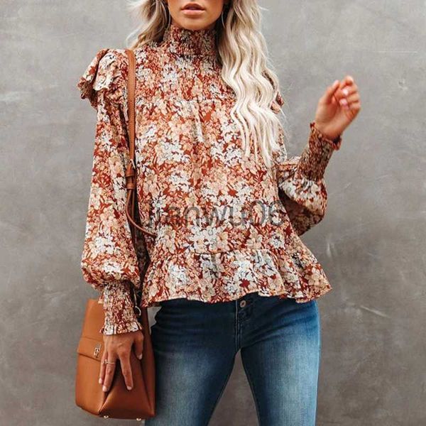 Blusas Femininas Camisas Foridol Estampa Floral Boho Outono Inverno Blusa Babado Tops Feminino Manga Longa Gola Alta Red Office Ladies Blusa Casual Camisas J230802