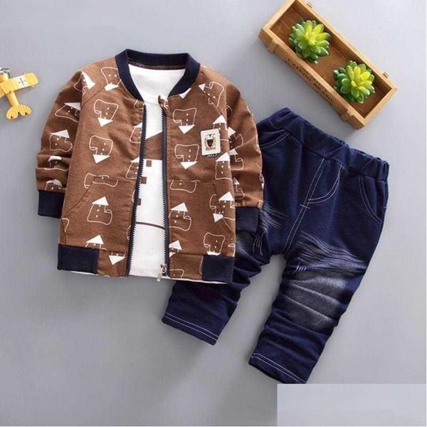 Conjuntos de roupas Jaqueta Crianças Ternos Outfit Set Infant Casual Casaco Tops Calça 3 Pcs Roupas Moda Bebê Para Menino Drop Delivery Crianças Companheiro Dhv5W