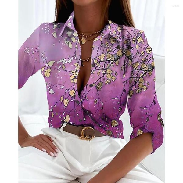 Blusas Femininas Camisa Blusa Rosa Azul Verde Folha Botão Estampado Manga Comprida Casual Férias Básico Tops Colar Regular 3D Floral Sexy