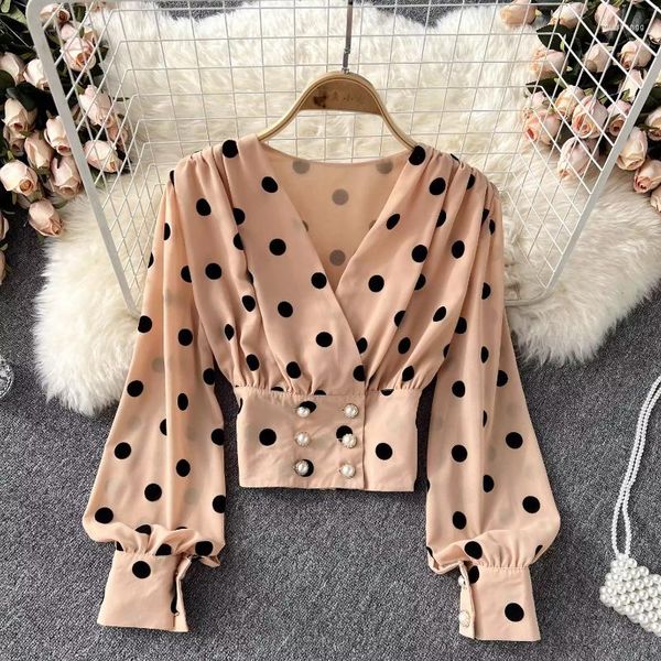 Blusas Femininas Hikigawa Manga Comprida Blusa Moda Chic Estampada Dot Camisa Vintage Slim All Match Casual Tops Blusas Mujer De