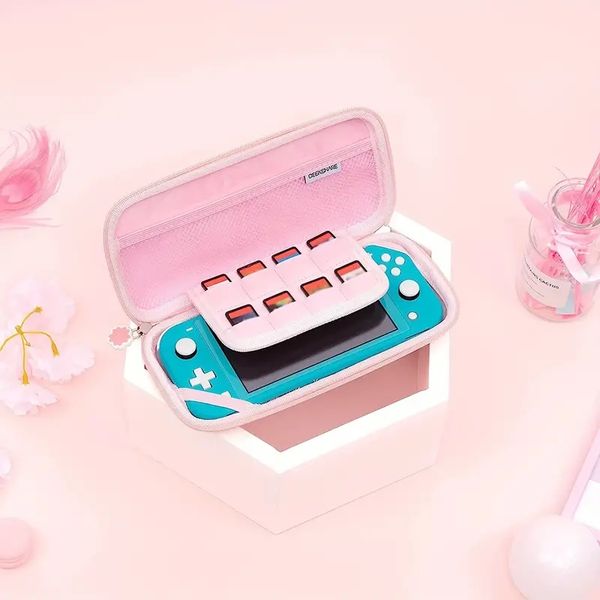 Sakura Pink Tragetasche, kompatibel mit Nintendo Switch Lite, Schutzhülle mit 8 Spielkassetten, wasserdicht und hartes PU-Material, um Schutz zu bieten