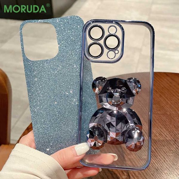 Casos de telefone celular bonito urso 3D dobrável suporte glitter case para iphone 14 13 12 11 pro max x xr xs max 7 8 plus slim claro à prova de choque capa dura l230731