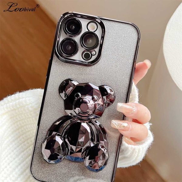 Casos de telefone celular Cute Cartoon Plating 3D Bear Phone Cases para iPhone 11 12 13 14 Pro Max 14 Plus Luxo Glitter Transparente Silicone Capa Traseira L230731