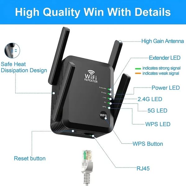 1pc Wi -Fi Extender Booster Repeater для дома на открытом воздухе, 1200 Мбит / с и 45+ устройств, Wi -Fi 2,45 ГГц двойной диапазон Wipi Signal Signabite, 360 ﾰ покрытие