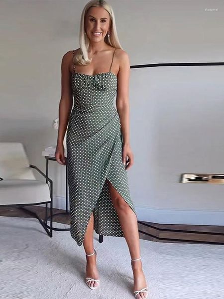 Abiti casual Elegante Dot Stampa Backless Maxi per donna Fahsion senza maniche Fessura cinturino Abiti lunghi 2023 Summer Chic Lacec Up Dress