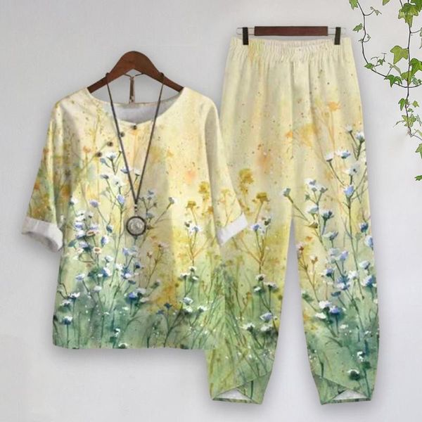 Calças femininas de duas peças, elegantes, camiseta feminina, decote redondo, virilha profunda, blusa primavera respirável, conjunto de roupas