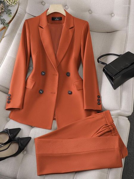 Damen Zweiteilige Hosen Frauen Blazer und Hosenanzug Büro Damen Business Arbeitskleidung 2 Set Braun Blau Rot Weiblich Langarm Jacke Hose