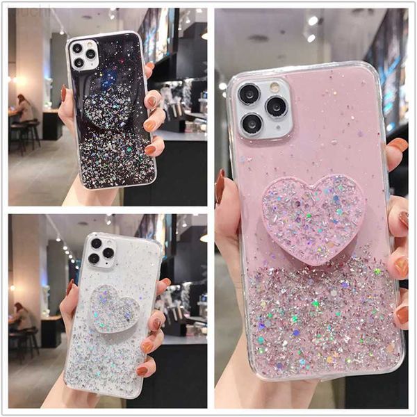 Handyhüllen 3D Pink Lovely Heart Halter Ständer Glitzer Silikon Soft Phone Case für iPhone 11 Pro Max 12 Pro X XR XS 6S 7 8 Plus Sockelabdeckung L230731