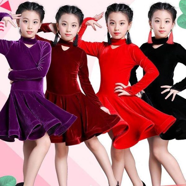 Sahne Giyim Çocuk Velvet Latin Elbiseleri Jimnastik Dans Giysileri Yarışması Kostüm Kostümleri Kızlar İçin Çocuk Balo Salonu Dans Elbisesi