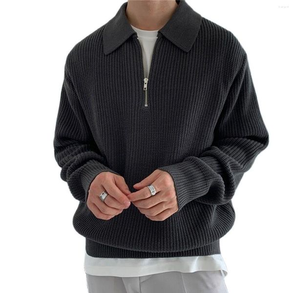 Suéter Masculino Primavera Outono Masculino Suéter De Malha Com Meio Zíper Streetwear Solto Pulôver Casual Masculino Soild Color Gola Turndown Sweatshirt