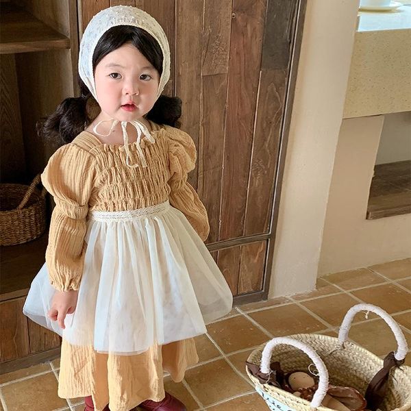 Mädchen Kleider Herbst Koreanische Feste Kleid Plissee Puff Sleeve Kinder Flauschigen Rock Gelb Geraffte Nette Vitalität Volle Prinzessin Für Mädchen