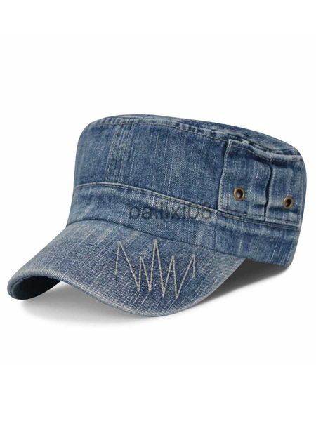 Chapéus Stingy Brim 2021 Four Seasons Leisure Bonés Denim Wash Old Flat Top Hat Homem Mulher Jeans Tamanho Grande Marinha Boné 56-60cm J230802