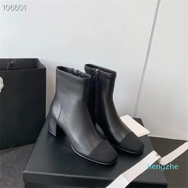 botas femininas de design clássico 5,5 cm salto grosso preto bege cor misturada sapatos com zíper lateral