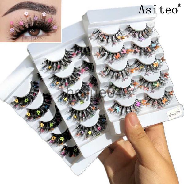 Falsche Wimpern Asiteo 5 Paar Wimpern mit Schmetterlings- und Blumen-Glitzer darauf Vollstreifen-Make-up Charmante falsche Wimpern Sternwimpern für Party x0802