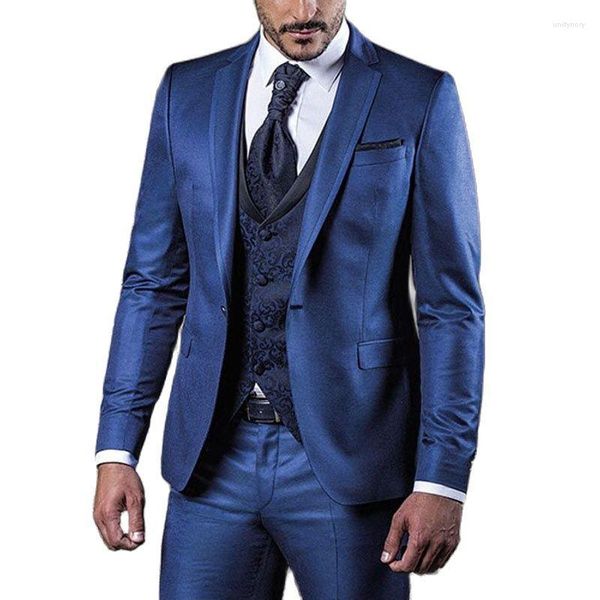 Ternos masculinos azul marinho smoking para casamento 3 peças fino ajuste formal jaqueta masculina com colete floral calças personalizadas moda masculina