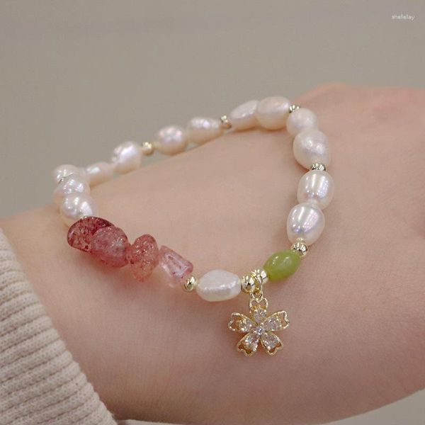 Strand ALLME Bracciale con perline di perle d'acqua dolce in pietra naturale verde rosa chiaro squisito Bracciale con cuore di fiori di zirconi CZ da donna