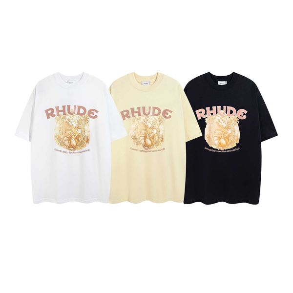 23ss Fashion Brand Rhude Letter Wheat Ear Fruit Print T-shirt de manga curta masculina e feminina American High Street Half