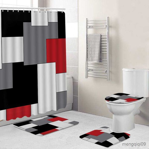 Teppiche Modernes Badezimmer Duschvorhang Wasserdicht Home 3D-Teppich Eingang Fußmatte 4-teiliges Set Toilettensitzbezug Teppich Bad Rutschfeste Bodenmatte R230802