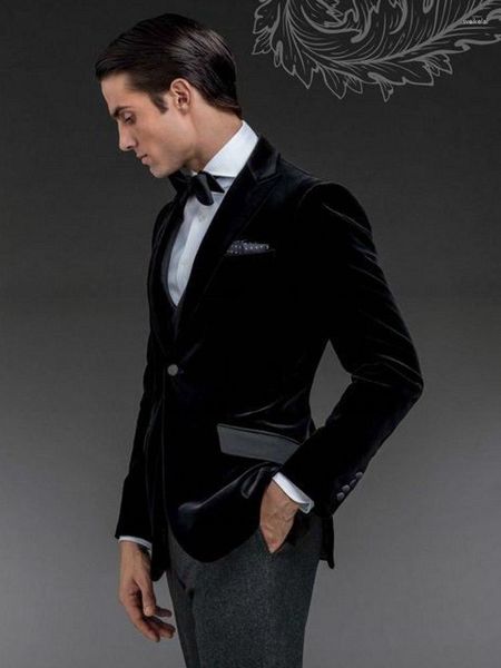 Herrenanzüge, hübscher schwarzer Samt-Bräutigam-Smoking, individuell anpassbares Abendkleid, Toast-Anzug, Party-Blazer-Kleidung (Jacke, Hose, Weste, Krawatte) Nr.: 089