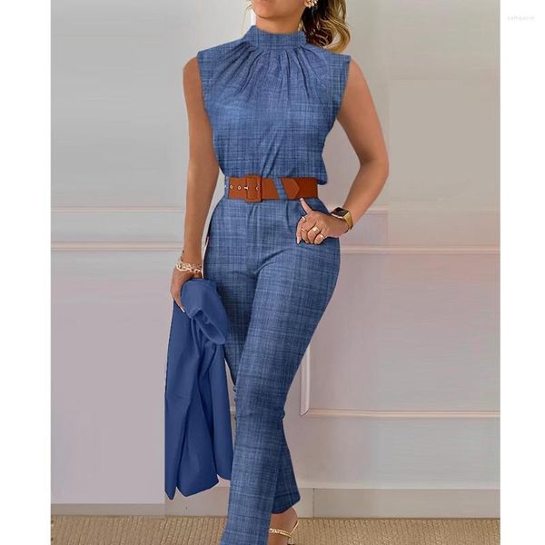 Calças femininas de duas peças Wepbel Lerisi Top e calças terno-sem cinto verão denim look estampado ruched cintura alta conjunto 2 conjuntos de roupas