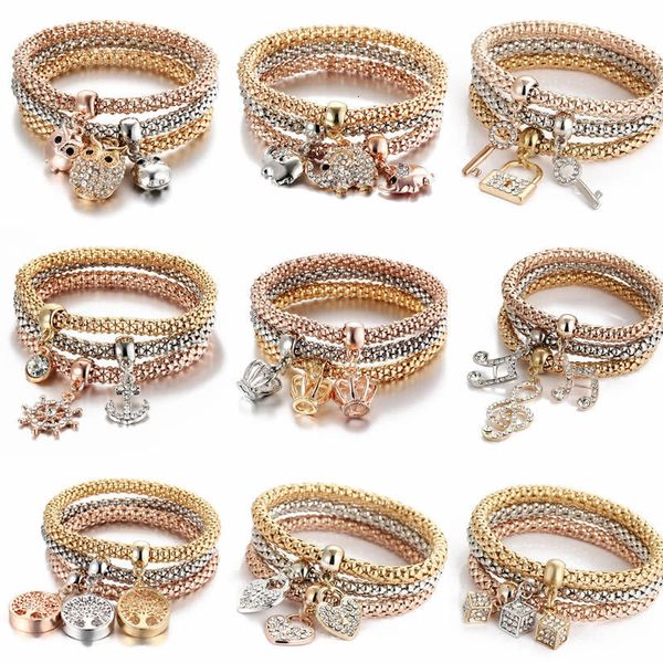 Charme Pulseiras Moda Jóias Liga Três Cores Terno Elástico Pipoca Milho Cadeia Cristal Navio Âncora Pingente Acessórios Femininos 230802