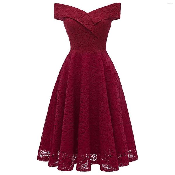 Abiti casual Donna Abito vintage in pizzo Abito da damigella d'onore formale Principessa Scollo a barchetta Tulle Midi Jurken Chic Retro Swing Party Abbigliamento