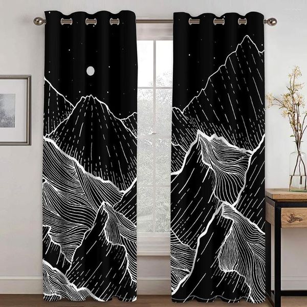 Cortina de bosquejo japonés montaña blanco y negro ventanas finas cortinas para sala de estar dormitorio decoración del hogar 2 piezas