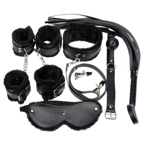 Set di costumi da donna Set di 7 pezzi Sexy in pelle PU Peluche Fetish Sex Bondage Biancheria intima erotica con manette Morsetti per capezzoli Gag Whip259y