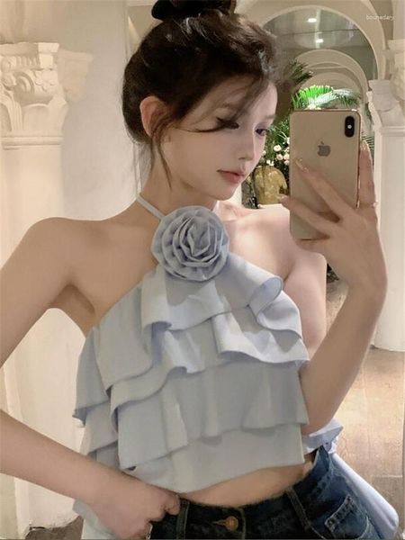 Serbatoi da donna Sexy Halter Strap Backless Ruffles Canotta Pin Bianco Blu Y2k Flower Short Fairy Shirt Summer Fashion Senza maniche Chic Camis