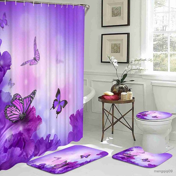 Tappeti Home Fiore viola Farfalla Stampa impermeabile Tenda da doccia 4 pezzi Copri moquette Copriwater Tappetino da bagno Pad Set Tenda da bagno R230802