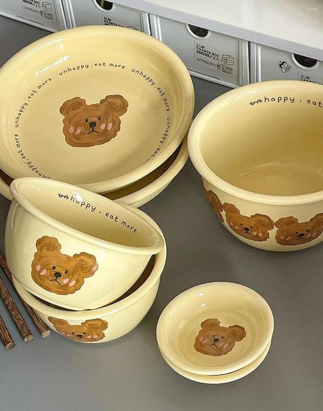 Conjuntos de louça Tigela de cerâmica Conjunto de pratos para uma pessoa Forno de micro-ondas para uso doméstico Talheres japoneses Minimalista Emo Bear