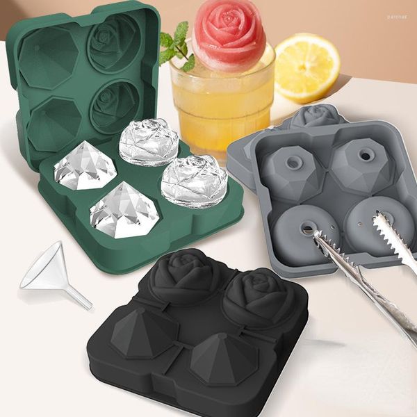 Formas de cozimento 4 furos Rose Diamond Ice Grid Mold Cocktail Cube Silicone Ball Maker Tray Household