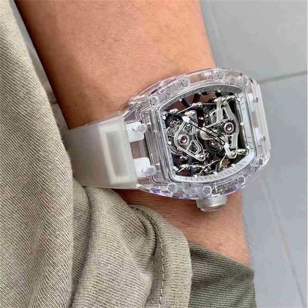 Richard's Milles Transparente Luxusuhr mit Datum, vollständig ausgehöhltes Gehäuse, manuelles mechanisches Tourbillon, stoßfest, leuchtende, schneeglasierte Herrenuhr mit blauem Spiegel