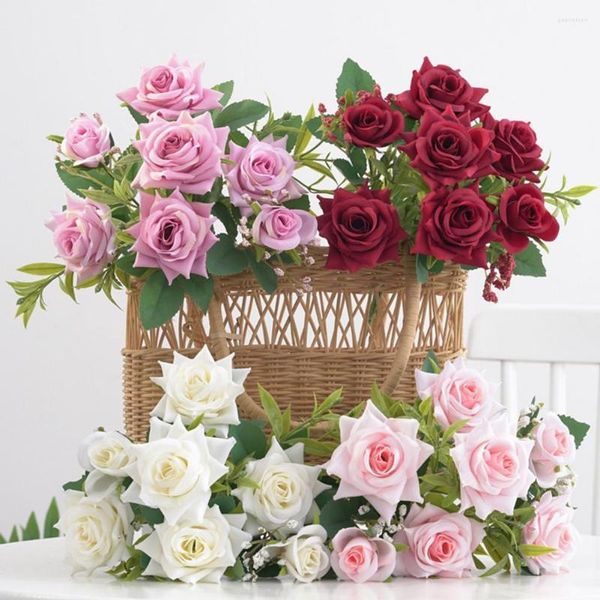Fiori decorativi Rosa artificiale 7 teste Senza irrigazione Colorfast Centrotavola Po Prop di lunga durata Forniture per decorazioni per feste di nozze
