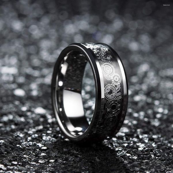 Alianças de casamento 8 mm moda masculina liga de tungstênio anel padrão geométrico incrustado em fibra de carbono preto joias de aço inoxidável