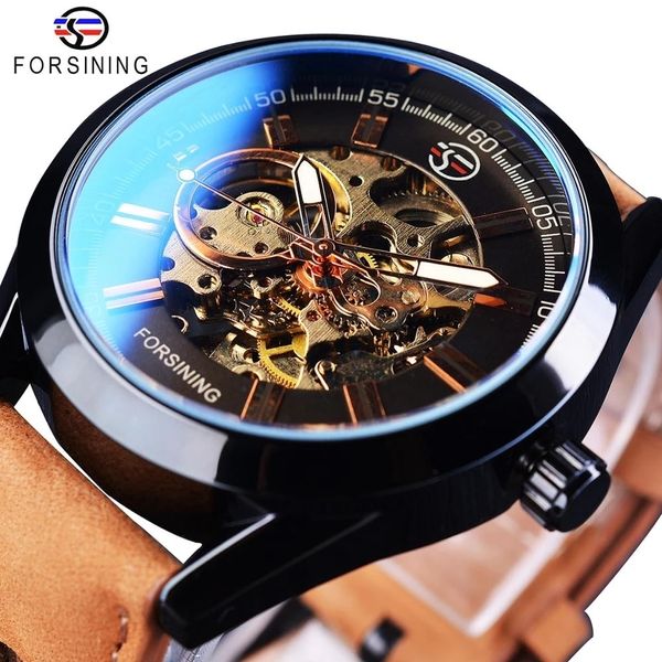 Relógios de pulso Forsining Blue Light Glass Mens Casual Sport Watch Couro Militar Automático Masculino Esqueleto de Pulso Mecânico Relógio Luminoso 230802