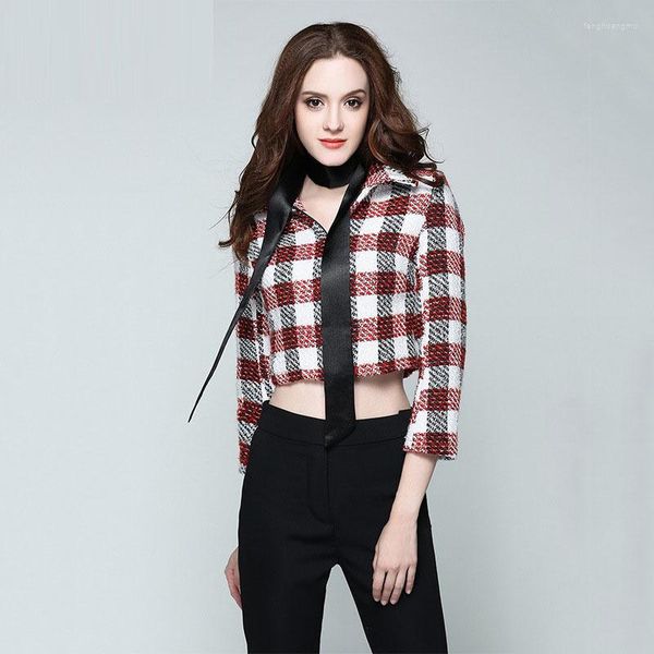 Giacche da donna Runway Brand 2023 Cappotto di lana rosso vento sexy Corto ritagliato Donna Primavera Autunno Plaid Checks Giacca Zipper Up