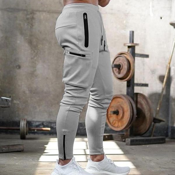 Erkek pantolon jogger fitness spor çok cepli fermuar pantolon açık sıradan tulumlar düz renk vücut geliştirme