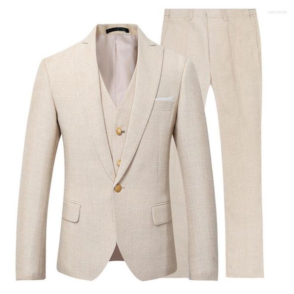 Ternos Masculinos Bege Marfim Terno Masculino Casual Linho Praia Casamento Noivo Elegante Vestido de Baile Festa 3 Peças (Jaqueta Colete Calça)