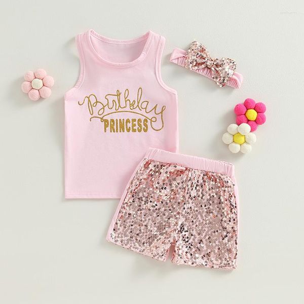 Kleidungssets 3 Stück Baby Mädchen Geburtstag Outfits ärmellose rosa Tank Tops Pailletten Shorts Stirnband Set Kinderkleidung 2–7 Jahre